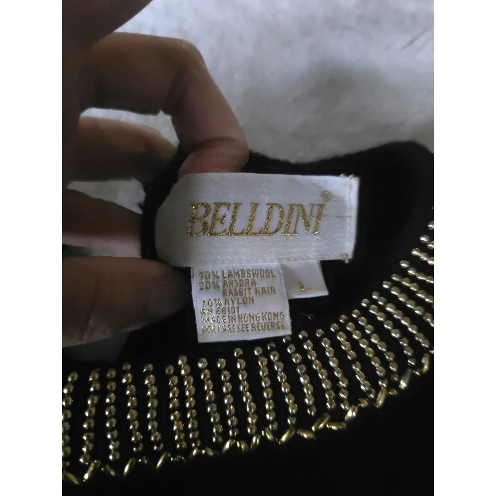 Vintage‎ Belldini Women's Sweater Large Black Beaded Angora Lambswool Floral